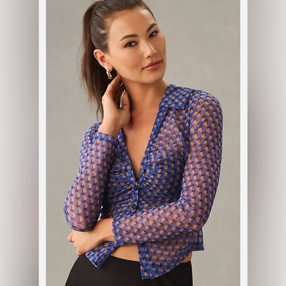 Anthropologie Maeve Blue Print Sheer Ruched Geometric Button Up Blouse size M